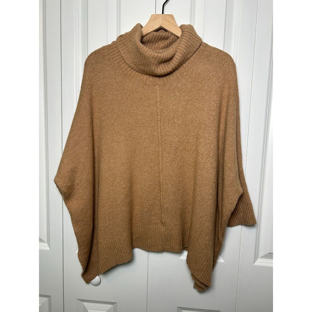 Camel Turtleneck Poncho Sweater Oversized Knit Cozy Pullover
